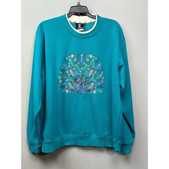King Universal Peacock Sweatshirt Womens XL Blue Embroidered Y2K Floral Retro - Picture 1 of 7